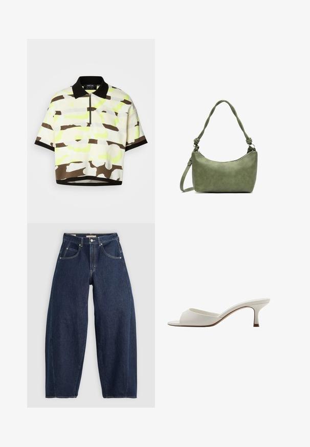 Polo a maniche corte in un tessuto leggero, con un motivo astratto giallo brillante, marrone e grigio, dotato di colletto nero e chiusura con zip.; Jeans in denim blu scuro con una vestibilità ampia, cuciture chiare, cinque tasche e chiusura con bottone in vita.; Mule con tacco alto, aperti davanti e di colore bianco, con una finitura liscia, design minimalista e tacco slanciato, caratterizzati da un sottile accento marrone sulla suola.; Borsa a mano in pelle verde con una texture liscia, forma curvata e manico intrecciato. Presenta una chiusura con zip e una tracolla regolabile.