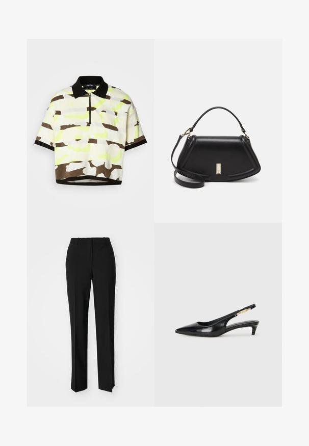 Lyhythihainen polo-paita kevyestä kankaasta, jossa on kirkas keltainen, ruskea ja harmaa abstrakti kuvio, mustalla kauluksella ja vetoketjukiinnityksellä.; Mustat räätälöidyt housut suoraa lahjetta, joissa on sileä pinta ja terävät taitteet edessä. Ei näkyvää metalliosaa.; Mustat nahkaiset slingback-korkokengät, joissa on terävä kärki, ohuet korot ja kultasävytteinen yksityiskohta säädettävässä hihnassa. Silkkinen pinta.; Mustalla nahkalaukulla, jossa on jämäkkä muotoilu, lyhyt malli, yläkahva ja kultaiset yksityiskohdat. Säädettävä olkahihna sisältyy.
