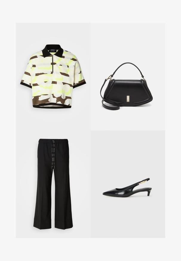 Kurzarm-Polohemd aus leichtem Stoff mit einem lebhaften gelben, braunen und grauen abstrakten Muster, schwarzem Kragen und Reißverschluss.; Schwarze, weite Hosen mit elastischem Bund und schwarzem Kordelzug. Aus glattem Stoff ohne sichtbare Muster oder Beschläge.; Schwarze Leder-Slingback-Pumps mit spitzem Schuhblatt, ausgestattet mit einem schlanken Absatz und einem goldfarbigen Akzent am verstellbaren Riemen. Glatte Textur.; Schwarze Lederhandtasche mit einem strukturierten Design, das eine verkürzte Form, einen oberen Griff und goldfarbene Hardware-Details aufweist. Verstellbarer Schulterriemen ist enthalten.
