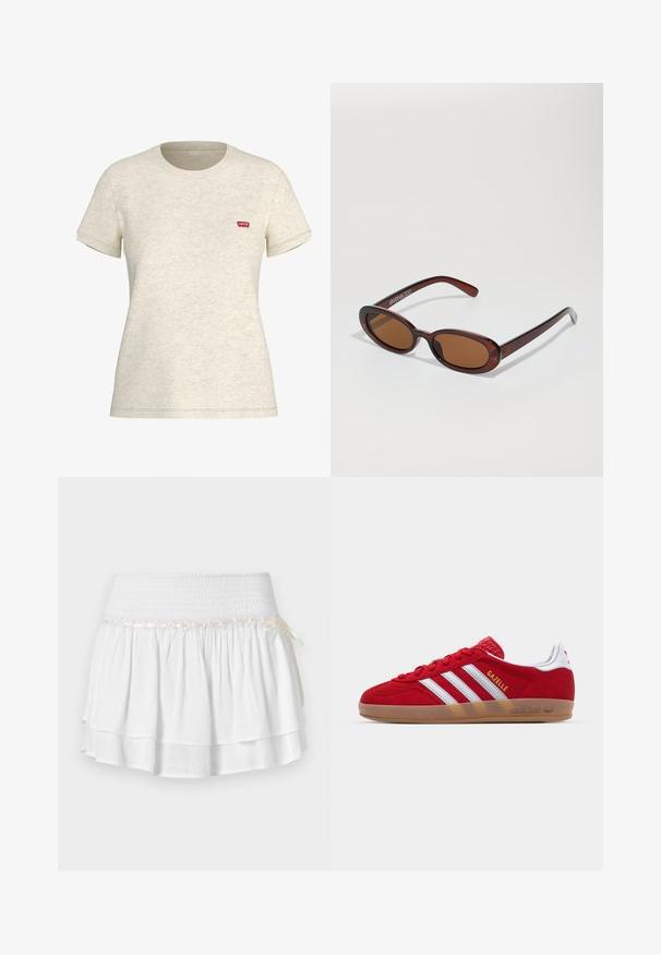 Kremna kratka majica iz mešanice bombaža. Ima mali rdeč Levi's logotip na levem prsnem delu. Klasičen kroj s krožnim izrezom.; Bela večerna krila s elastiko v pasu, ki ima teksturiran smock in dekorativni trak. Bombažna tkanina.; Rdeči semišniki z belo tridoločeno zasnovo in zlatim besedilom "Gazelle". Imajo gumo podplat in texturiran petni del.; Okrogle, rjavo obarvane sončne naočare z sijočim burgundskim okvirjem. Tanek nosilec s subtilnim logotipom. Oblika leč je ravna.; Tkanina iz slame s kožnimi detajli v rjavi barvi, dva ročaja in snemljiv trak. Ukrojena oblika z trdnim dnom.