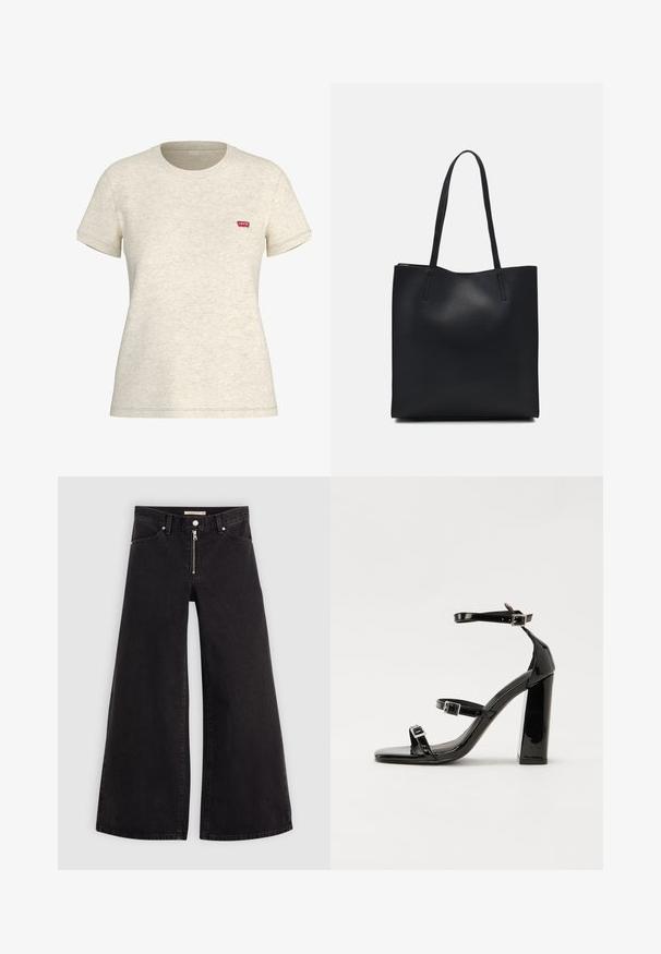Kremfarget kortermet t-skjorte laget av bomullsblandet stoff. Har en liten rød Levi's-logo på venstre bryst. Klassisk rund hals-design.; Vide benbukser i sort denim med glidelås i front, fem-lomme design og subtile sømdetaljer. Glatt tekstur og avslappet stil.; Svart høyglans sandaler med hæl, firkantet tå, ankelremmer og sølvspenner. Har en kraftig blokkhæl for stabilitet.; Svart lær tote bag med glatt tekstur, rektangulær form og to lange håndtak. Ingen synlige deler eller dekorasjoner.