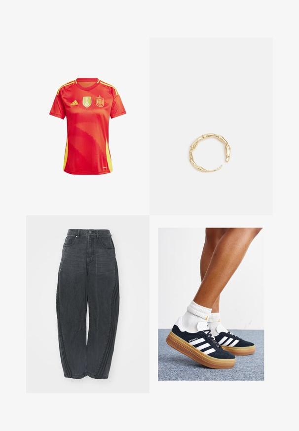 Raudona sportinė marškinė su geltonomis detalėmis, su FIFA Moterų pasaulio taurės logo ir Ispanijos nacionaliniu emblema. Trumpomis rankovėmis, apvaliu kaklu.; Palaidi juodi džinsai su išblukusiu paviršiumi, penkios kišenės, užsegimas liemeniui mygtuku ir siuvinėtos detalės priekyje bei šonuose.; Juodi zomšiniai sportbačiai su baltais dryžiais ir akcentais, apvalios nosies, guminio, gumos pado, derinami su baltais raitytais vidutinio ilgio kojinaitėmis.; Auksinės spalvos žiedas, turintis organišką, sukimosi dizainą su lygiu paviršiumi ir siaurėjančiais galais, sukuriantis modernią skulptūrinę išvaizdą.