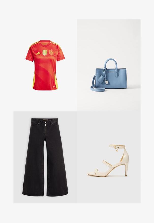 Czerwony strój sportowy z żółtymi akcentami, z logo Mistrzostw Świata Kobiet FIFA oraz narodowym herbem Hiszpanii. Krótkie rękawy, okrągły dekolt.; Jeans o szerokich nogawkach w czarnym denienie z zamkiem błyskawicznym z przodu, pięcioma kieszeniami i subtelnymi detalami przeszycia. Gładka tekstura i swobodny styl.; Beżowe sandały na obcasie z cienkim paskiem na kostce i dwoma górnymi paskami. Błyszczące lakierowane wykończenie i złote detale na pasku na kostce.; Jasnoniebieska skórzana torebka na ramię z podwójnymi uchwytami, odpinanym paskiem na ramię oraz szczegółami w postaci zamka i metki w kolorze srebrnym. Gładka tekstura.