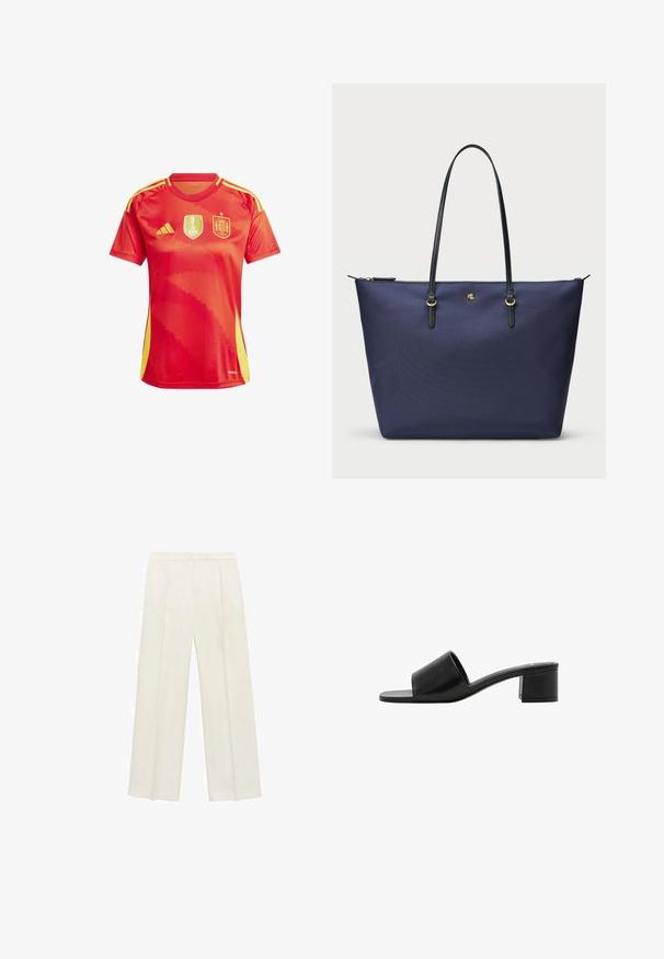 Punainen urheilupaita keltaisilla yksityiskohdilla, jossa on FIFA:n naisten MM-kisojen logo ja Espanjan kansallinen vaakuna. Lyhyet hihat, pyöreä kaula-aukko.; Valkoiset leveälahkeiset housut vaaleassa kermassa. Valmistettu sileästä kankaasta, jossa on laskokset edessä ja sivutaskut.; Mustat nahkaiset avonkorkoiset liukusandaalit leveällä hihnalla ja tukevalla lohkokannan. Ominaisuuksiin kuuluu sileä pinta ja minimalismia korostava muotoilu.; Tummansininen kassi, joka on valmistettu teksturoidusta kankaasta, mustilla nahkahandleilla ja kultaisilla yksityiskohdilla. Vetoketjukiinnitys ylhäällä.