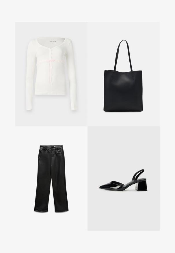 Maglietta bianca a maniche lunghe con una texture a coste, dotata di scollatura a girocollo e un nastro decorativo rosa attorno alla zona del busto.; Pantaloni a gamba larga in ecopelle nera con tasche frontali, passanti per cintura e una sottile lucentezza. Texture liscia e vestibilità su misura.; Décolleté in vernice nera con punta affusolata e tacco in geometria cubica. Presentano un design elegante e minimalista, con una texture liscia.; Borsa tote in pelle nera con texture liscia, forma rettangolare e due manici lunghi. Nessun hardware o decorazione visibile.