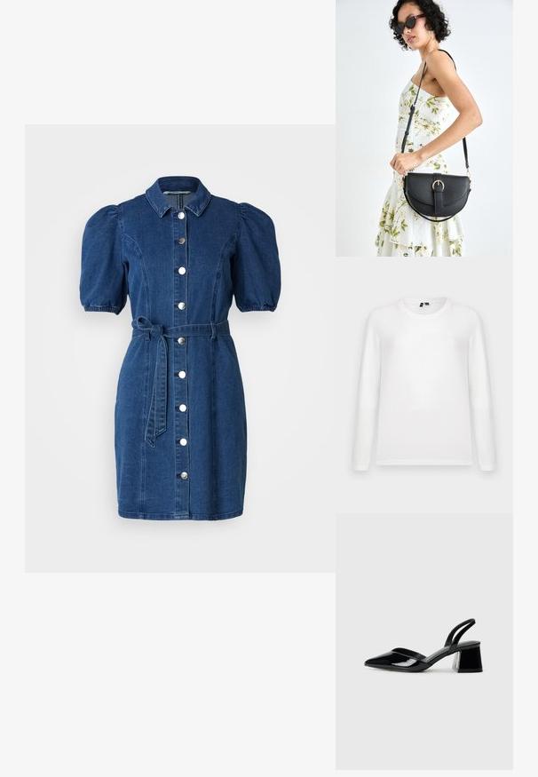 Camiseta branca de manga longa, com gola redonda, estendida em plano, com etiquetas de colarinho visíveis, sobre um fundo cinza claro.; Vestido de ganga azul escuro com mangas curtas bufantes, gola, fecho de botões na frente e cinto de cintura atado. Textura suave.; Sandy em verniz preto com salto slingback, ponta afilada e salto geométrico. Apresenta um design elegante e minimalista com textura suave.; Bolsa de couro preta com forma curva, alça destacável e detalhes em dourado. A bolsa possui uma aba com detalhe de fivela.; Bolsa de couro preta com forma curva, alça destacável e detalhes em dourado. A bolsa possui uma aba com detalhe de fivela.