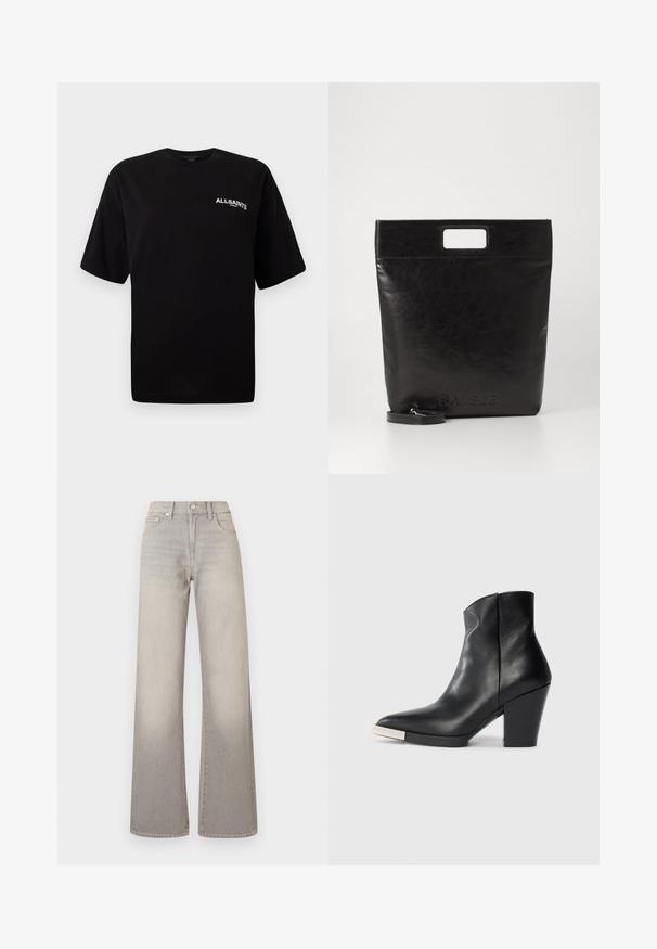 Czarny bawełniany t-shirt z okrągłym dekoltem, krótkimi rękawami i małym białym logo "ALLSAINTS" po lewej stronie klatki piersiowej. Gładka tekstura, luźny krój.; Szare dżinsy o szerokich nogawkach z wyblakłym wykończeniem, zapięcie na guzik, pięć kieszeni oraz przeszycia wzdłuż szwów.; Czarne skórzane botki za kostkę z zakończeniem w szpic, wysokim słupkowym obcasem i srebrnym detalem na czubku. Gładka faktura i prosty design.; Czarna skórzana torba na ramię z kwadratowym uchwytem, z teksturowanym wykończeniem i wytłoczonym logo. Zawiera odpinany pasek.