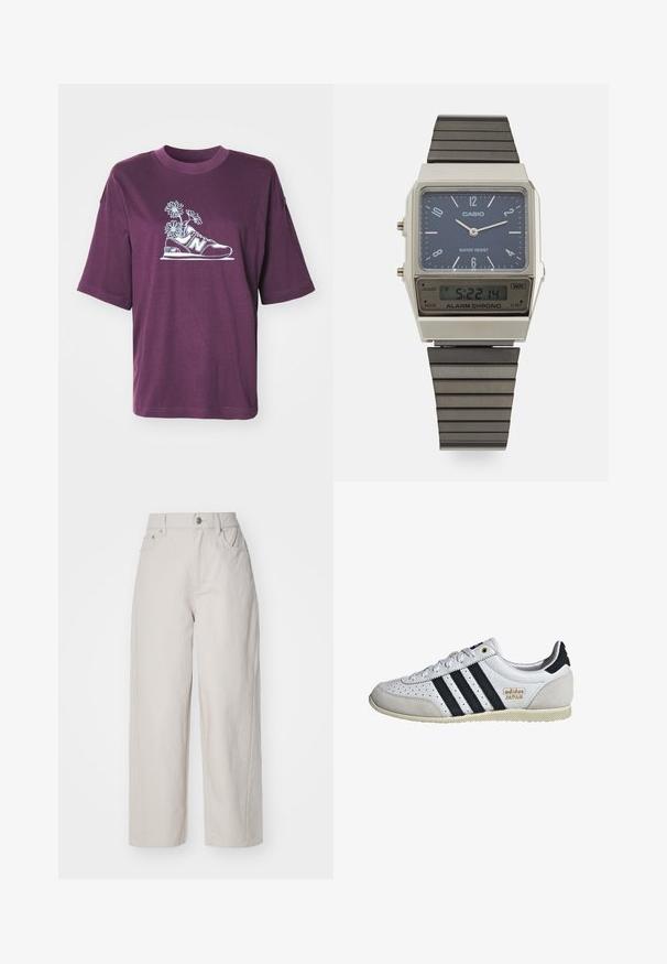 New Balance OVERSIZED FLOWER - Trükipildiga T-särk - plum brown; Beez värvi laiad puuvillased püksid kõrge vöökoht, nupuga ja tõmblukuga kinnitamine ning neli taskut; sile tekstuur denimpinnaga.; Valged spordijalatsid mustade ribade ja kuldse logo'ga. Omab sametist ja nahast materjale, augulist ülemist osa ja tekstureeritud kummist tallat.; Casio digitaalne kell sinise kelladialiga, hõbedase korpuse ja kihilise musta kummirihmaga. Kuvab aega ja häiresätteid. Veekindel.
