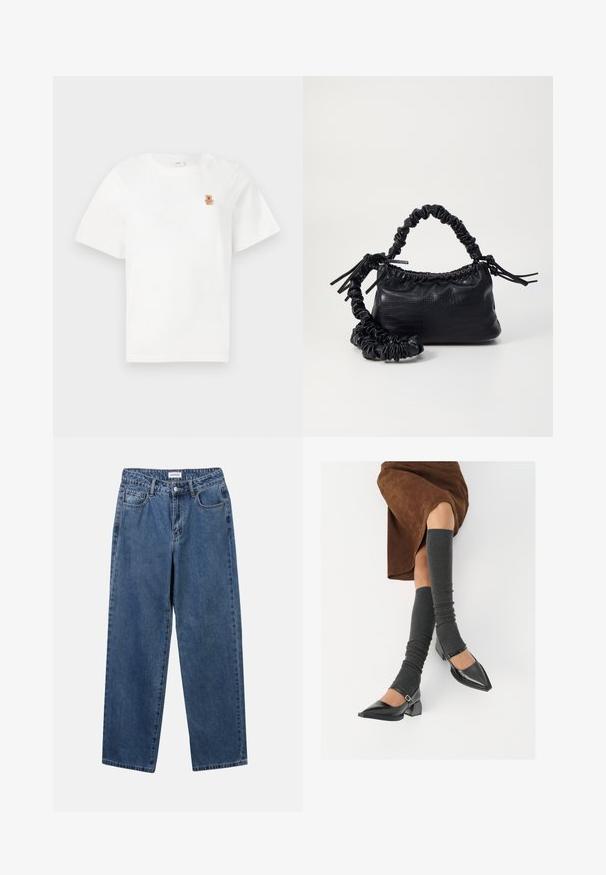 Hvid kortærmet T-shirt med en lille brun teddy-bjørn broderet på venstre brystområde. Enkel og afslappet stil.; Klassiske blå denimbukser med lige ben, fem lommer og knaplukning. Har en medium vask og en robust tekstur.; Sorte patenterede lædersko med spids tå, blokhæl og ankelrem, kombineret med grå ribbede benvarmere og en brun ruskinds nederdel.; Sort kunstlæder håndtaske med krokodilteksur, indsnøret top og en sammenkrøben rem. Ser blød og kompakt ud i designet.