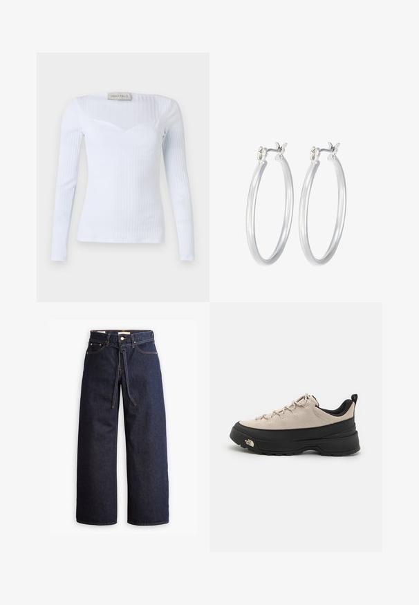 Langärmliges, weißes, geripptes Oberteil mit quadratischem Ausschnitt, aus elastischem Stoff, mit subtiler Textur und körperbetonter Passform.; Weite, dunkelblaue Jeans aus Denim mit hoher Taille, ausgestattet mit einem Kordelzug, fünf Taschen und kontrastierenden Nähdetails.; Beige Wildlederschuh für Wanderungen mit schwarzer Gummisohle, strukturierten Akzenten und reflektierenden Schnürsenkeln. Verfügt über eine Schlaufe für ein einfaches An- und Ausziehen.; Silberne Creolen mit einer glatten, polierten Oberfläche. Runder Form und sicherem Klickverschluss. Leichtes Design, geeignet für den täglichen Gebrauch.