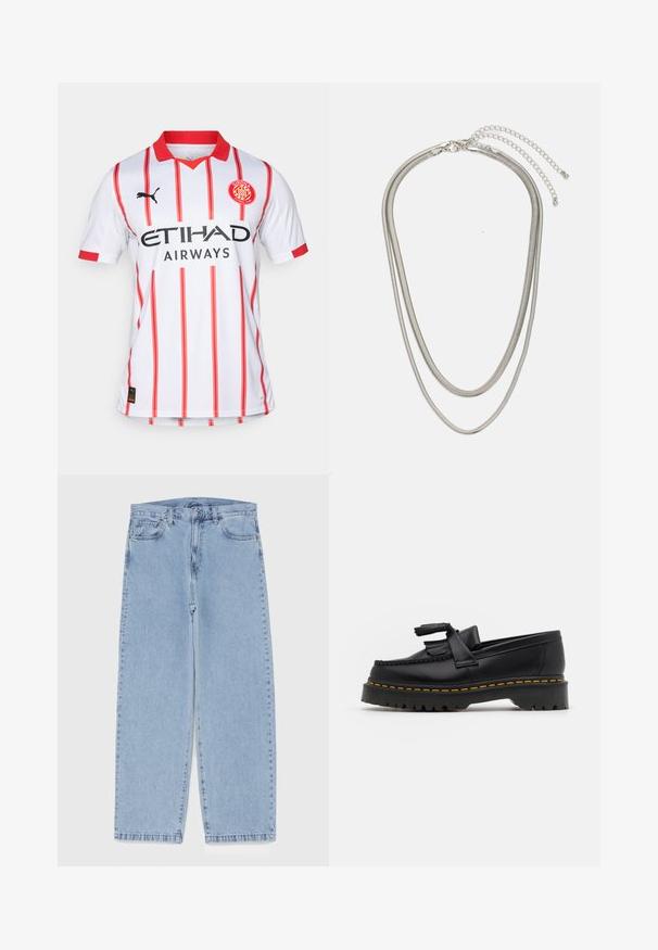 Bijela nogometna majica s crvenim vertikalnim prugama, crvenim ovratnikom i PUMA logom. Na prsima prikazuje "ETIHAD AIRWAYS" u crnoj boji.; Svijetloplave traperice s ravnim nogavicama, sa srednjim strukom, pet džepova i zatvaranjem na dugme i patentni zatvarač.; Crna kožna loaferica s resicama, koja ima čvrst crni potplat i žute šavove duž ruba. Teksturirana završna obrada.; Necklace od tri sloja srebrnog metala s elegantnim, fleksibilnim lančićima blagog sjaja, zatvoren s karabinera i prilagodljivim lančićem.