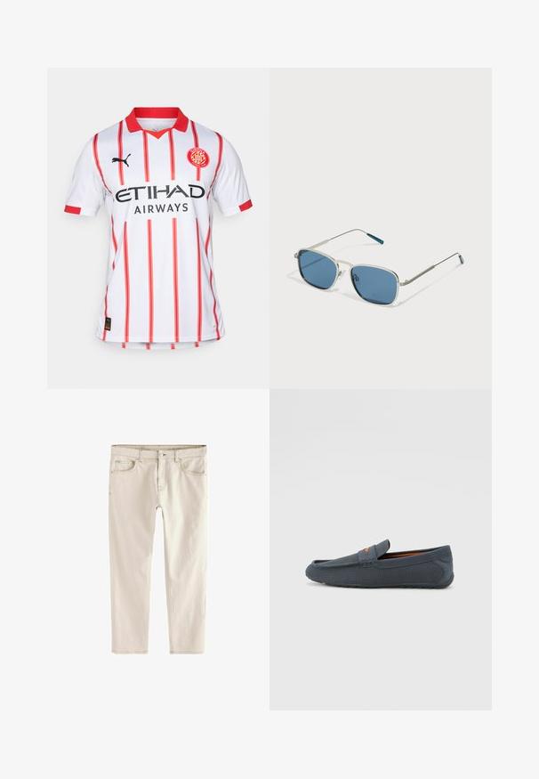 Fehér focimez piros függőleges csíkokkal, piros gallérral és PUMA logóval. A mellkason feketén olvasható az "ETIHAD AIRWAYS" felirat.; Világos bézs, slim-fit fazonú farmernadrág, egyenes szárú, öt zsebbel, gombos és cipzáras záródással, valamint megerősített varrásokkal az illesztések mentén.; Szürke perforált lófarok, slip-on kialakítással, narancssárga kiegészítővel, lekerekített orral és textúrált gumitalppal.; Ezüst fém keretes napszemüveg, téglalap alakú kék lencsékkel és vékony karokkal. A templomhegyeken kék részletek találhatók.