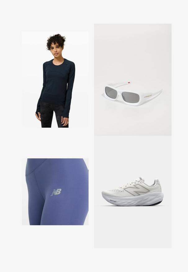Donker marineblauwe longsleeve sporttop met een ronde halslijn, voorzien van raglanmouwen en duimhole. Glad fabric met een aansluitend ontwerp.; Leggings van diepblauwe stof met een gladde textuur, voorzien van een reflecterende grijze logo op de dij en platte naden voor extra comfort.; Witte sportschoenen met een bovenwerk van mesh, voorzien van een gevoerde kraag, een gestructureerde zool en de merknaam "Fresh Foam" op de tussenzool.; Witte rechthoekige Oakley-zonnebril met donkere lenzen die op een witte ondergrond liggen, logo zichtbaar aan de zijkant.