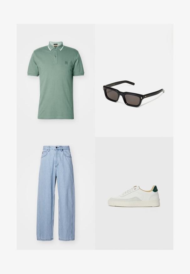 BOSS PASSERTIP - Polo - open green; Jeans en denim bleu clair avec une coupe évasée, dotés de poches avant, d'une fermeture par bouton et de coutures détaillées le long des coutures.; Baskets blanches avec des accents en daim, bout arrondi, lacets plats et semelle en caoutchouc crème. Présente une marque verte sur le talon.; Lunettes de soleil noires rectangulaires avec des verres foncés, monture en plastique épais, accents dorés sur les branches et logo de la marque gravé sur le bras.