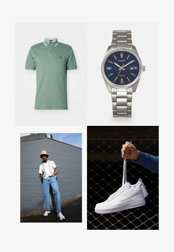 BOSS PASSERTIP - Polo shirt - open green; Short-sleeve white shirt with light gray stripes, blue denim jeans, and white sneakers, set against a gray wall under clear blue sky.; White leather sneakers with perforations, round toe, flat sole, and thick laces, featuring a visible swoosh logo and "AIR" on the heel.; Silver stainless steel wristwatch with a navy blue dial, metallic hour markers, and a date window at 3 o'clock. Water-resistant to 50 meters.
