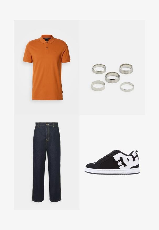 Rūdžių oranžinė trumpomis rankovėmis polo marškinėliai su dviem mygtukais, apykakle ir subtiliu siuvinėjimu "BOSS" kairiajame krūtinės kampe.; Plati kojinės tamsių džinsų kelnės su gelsvomis siūlėmis, turinčios priekinį užsegimą ir šonines kišenes. Lygi tekstūra ir tradicinis dizainas.; Juodos sportinės bateliai su baltais akcentais ir logotipu. Yra apvaliu pirštu, paminkštinta padas, plokščios raišteliai ir lygus viršutinio paviršiaus medžiaga. Šoninis profilio vaizdas.; Penkių metalinių žiedų rinkinys, skiriasi pločiais, su lygiomis, poliruotomis ir šlifuotomis apdailomis; spalvos svyruoja nuo blizgaus sidabro iki matinio.