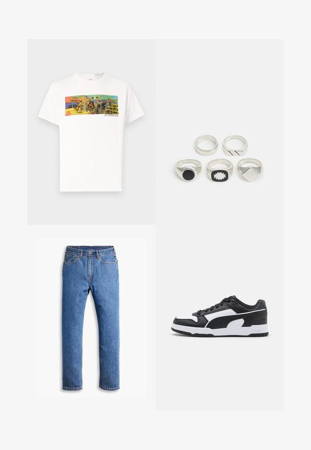 Valge puuvillane T-särk, millel on värvikas graafiline print, mis kujutab lääne stsenaariumi, allpool on tekst "LEVI STRAUSS & CO."; Sinine denimist teksapüksid otse lõikega, viie taskuga, nööpide sulgemisega ja puhase valge tausta peal oranzide õmblustega.; Mustvalge tennisetoss, millel on nahk ülemine, tekstuuriga detailid, pehmendatud keel, paeltega disain ja kummist välistald, millel on sooned.; Viis hõbedast sõrmust: üks musta ümmarguse detailiga, üks valge ja musta geomeetrilise mustriga ning teised erinevate vormide ja viimistlustega.