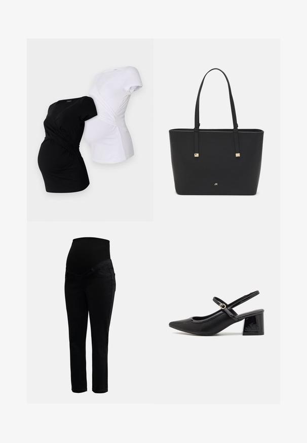 To mødre t-shirts, en sort og en hvid, med crossover-design og korte ærmer med rynket detaljer på siden.; Sorte graviditetsjeans med strækbar høj talje og tætsiddende ben, designet til komfort og støtte under graviditeten.; Sorte patentlæder slingback hæle med spids tå, rund udskæring og blokhæl. Har en guldtonet spændeaccents.; Sort tote bag lavet af syntetisk materiale, med et enkelt rektangulært design, gyldne firkantede detaljer og dobbelt håndtag.