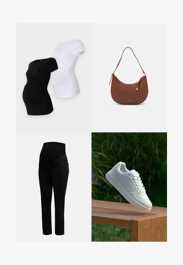 Two maternity t-shirts, one black and one white, featuring a crossover design and short sleeves with gathered side detailing.; Black maternity jeans with stretchy high waistband and slim-fit legs, designed for comfort and support during pregnancy.; White sneaker with a smooth synthetic upper, perforated toe box, flat laces, and a textured sole, displayed on a wooden surface.; Brown faux leather shoulder bag with curved shape, minimal stitching, and a gold-tone hardware accent. Features a top zipper closure and adjustable strap.