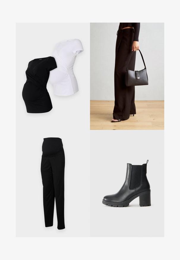 To mødre t-shirts, en sort og en hvid, med crossover-design og korte ærmer med rynket detaljer på siden.; Sorte graviditetsbukser lavet af blødt stof, med en bred strækbar talje, afslappet pasform og to sidelommer for funktionalitet.; Sort læder ankelstøvle med elastiske sidepaneler, chunky gummisål og høj blokhæl. Har et trækstrop bagpå.; Sort håndtaske med struktureret form, glat overflade og metalspænde. Sammen med brede sorte bukser og sandaler med åben tå på trægulv.