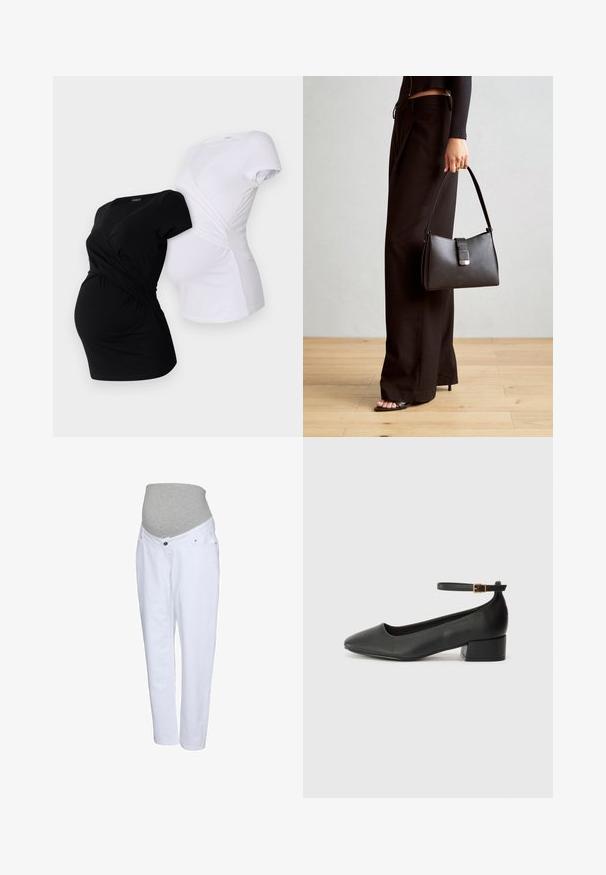Dva majice za trudnice, jedna crna i jedna bijela, s preklopnim dizajnom i kratkim rukavima te nabranim detaljima sa strane.; Bijele trudničke traperice s sivim elastičnim pojasom, s prednjim džepovima i ravnim nogavicama. Izrađene od mekanog traper tkanine.; Crne kožne pumpe s oštrim vrhom i niskom blok petom. Sadrže remen oko gležnja s zlatnim kopčanjem. Glatka tekstura.; Crna torba s oblikom koji sadrži strukturu, glađu teksturu i metalnu kopču. Uparena s širokim crnim hlačama i sandalama na otvorenom s drvenog poda.
