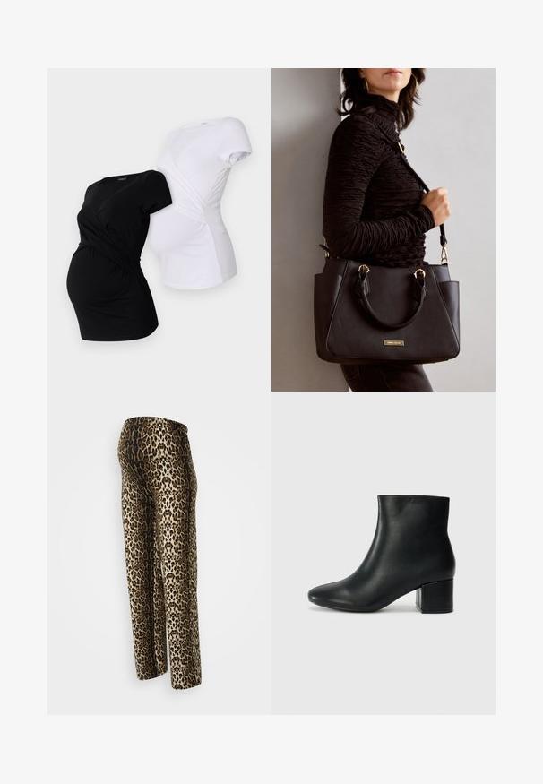 Dve tehotenské tričká, jedno čierne a jedno biele, s prekríženým dizajnom a krátkymi rukávmi so zberaním na bokoch.; Nohavice s leopardím vzorom, s hladkým povrchom, elastickým pásom a uvoľneným strihom. Farby zahŕňajú béžovú, hnedú a čiernu.; Čierne kožené členkové čižmy s špicatou špičkou a hrubým podpätkom. Hladká textúra s minimálnymi akcentmi a elegantným, priliehavým dizajnom.; Čierna kabelka s textúrovaným povrchom, dvojitými hornými rúčkami a nastaviteľným ramenným popruhom. Obsahuje zlaté kovanie a bočné vrecká.