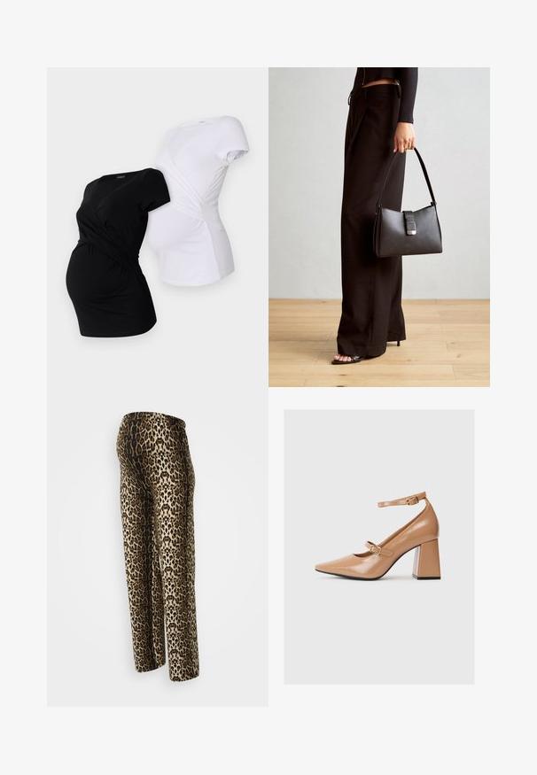 Duos nėštumo marškiniai, vieni juodi, kiti balti, su kryžminio dizaino ir trumpomis rankovėmis, turinčiomis pintos pusės detales.; Leopardo rašto kelnes, turinčios lygų paviršių, elastingą liemenį ir laisvą siluetą. Spalvos apima smėlio, rudos ir juodos.; Kreminės patentuotų odų aukštakulnės bateliai su smailiu nosiu, kulkšnies dirželiu ir stambiu kvadratiniu kulnu. Lygus paviršius su blizgiu apdaila.; Juodas rankinė struktūrizuota forma, lygi tekstūra ir metalinis užsegimas. Suporuota su plačiomis juodomis kelnėmis ir atvirais bateliais ant medinių grindų.