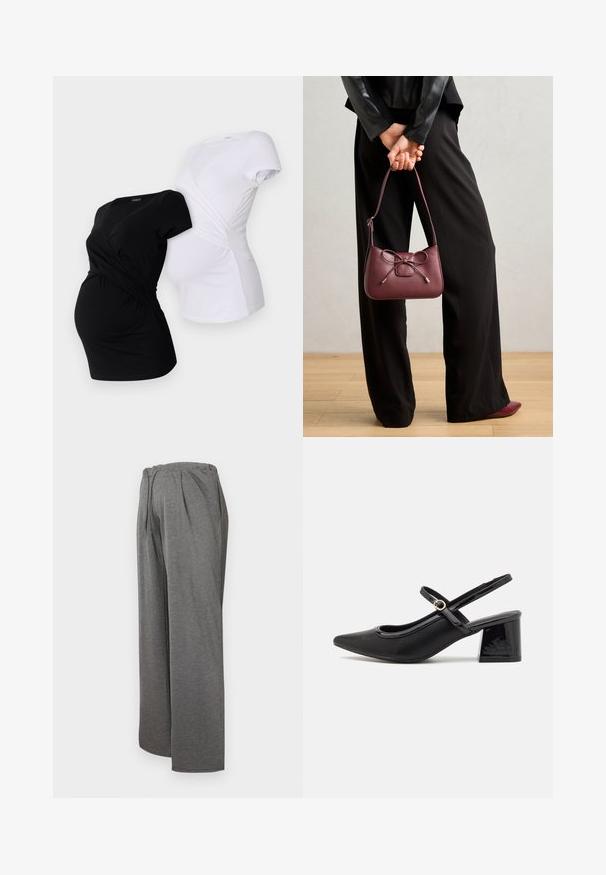 Dvě těhotenská trička, jedno černé a jedno bílé, s překříženým designem a krátkými rukávy se shromážděnými detaily po stranách.; Šedé kalhoty s volnými nohavicemi vyrobené z měkké, lehké látky. Mají elastický pas a přední skladby, což zajišťuje pohodlné nošení.; Černé lakované lodičky s otevřenou patou, špičatou špičkou, zaobleným střihem a blokovým podpatkem. Zdobené akcentem v zlatém tónu.; Burgundská kožená kabelka s mašlí, s úzkým popruhem a zlatými detaily, kterou drží osoba v černých kalhotách.