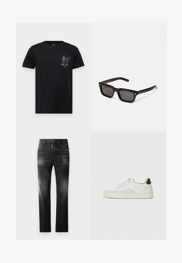 PS Paul Smith BIKE - T-shirt med print - black; Svarta denimjeans med rak passform. Har blekta områden, mindre slitningar, klassisk femficksdesign och knäppning med knapp.; Vit sneaker med mockadetaljer, rund tå, platta snören och en krämfärgad gummisula. Har grön branding på hälen.; Svarta rektangulära solglasögon med mörka linser, tjock plastbåge, guldfinish på skalmarna och varumärkeslogotyp graverad på armen.