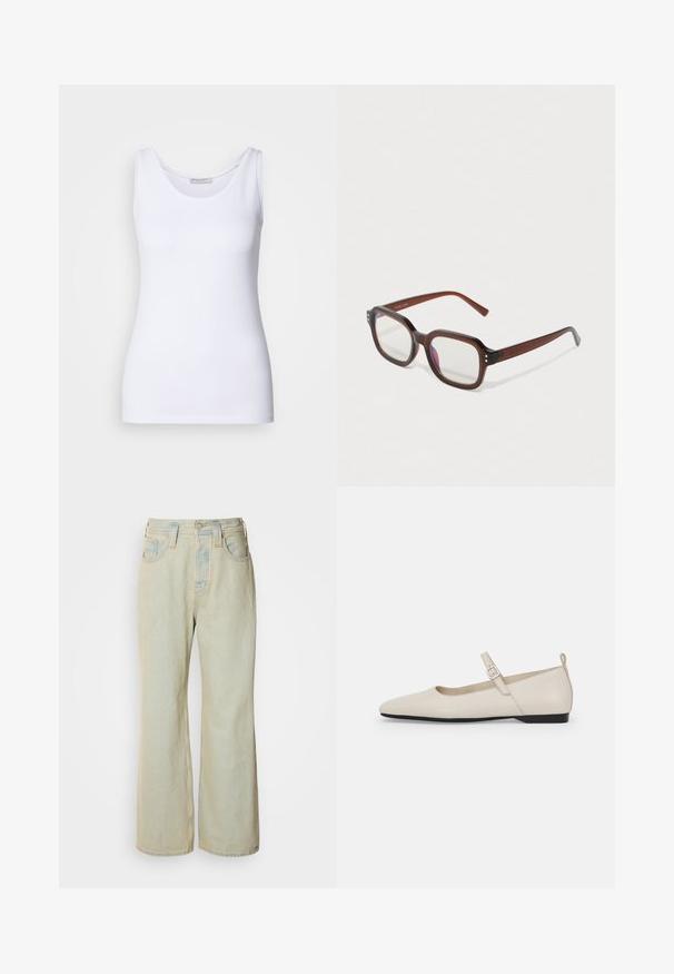 Hvid tanktop lavet af glat, strækbart stof. Har en rund halsudskæring og brede stropper. Nederkanten sidder lige under livet. Ingen mønstre eller detaljer.; Lysblå, brede bukser i denim med høj talje, fem lommer og diskret falmning med kontraststikninger.; Hvide læder Mary Jane flade sko med spids tå, sidelukning og lav sort hæl. Glat overflade og minimalistisk design.; Brune halvtransparente rektangulære briller med klare linser, svag lilla refleksion og små guld dekorative prikker i de forreste hjørner.; Sølv hoop ørestik med en poleret overflade, prydet med små guld accenter og en rund form, båret på øreflippen.