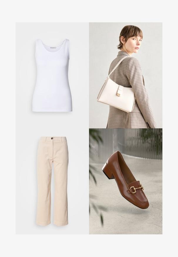 Witte top met een gladde, rekbare stof. Beschikt over een ronde halslijn en brede schouderbanden. De zoom zit net onder de taille. Geen patronen of accenten.; Beige corduroy broek met rechte benen, voorkant met knoopsluiting en zijzakken, zichtbaar op een witte achtergrond.; Bruine lakleren loafer met vierkante neus, metallic kettingaccent en lage blokhak; gladde textuur, minimalistisch ontwerp.; Witte leren handtas met een gestructureerd ontwerp, voorzien van een magneetsluiting en een schouderriem, tentoongesteld tegen een neutrale achtergrond.