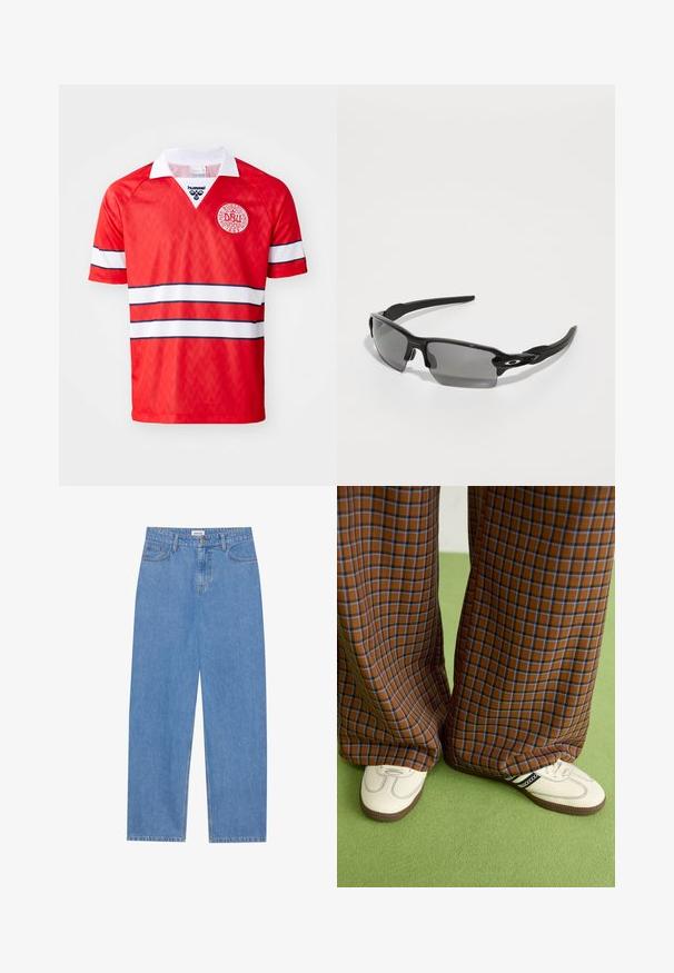 Rdeča nogometna majica z belim ovratnikom, ki ima šestkotno teksturo, bele in mornarsko modre črte ter okroglo oznako na prsih.; Svijetloplavi traper hlače ravnog kroja, s dizajnom od pet džepova, jednim dugmetom za zatvaranje i suptilnim šavovima.; Rjave in modre kariraste hlače širokih nogavic, v kombinaciji z belimi čevlji, ki imajo črne poudarke in teksturirane podplate, na zeleni podlagi.; Črne športne sončne očala z sivimi lečami, zasnovo ukrivljenega okvirja in podrobnostmi logotipa na strani. Narejena iz lahkega plastičnega materiala.