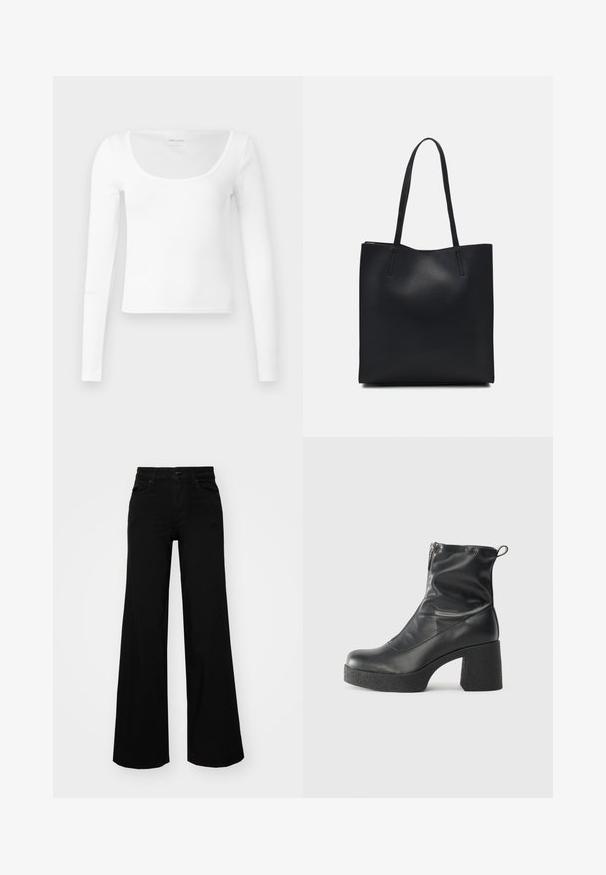 White, long-sleeve, ribbed knit crop top with scoop neckline by Hollister, size small, displayed flat on a white background.; Black wide-leg pants made of denim, featuring a structured waistband, belt loops, and front pockets. Smooth texture with a classic design.; Black ankle boots made of smooth leather, featuring a side zipper, chunky textured heel, and rounded toe design.; Black leather tote bag with smooth texture, rectangular shape, and two long handles. No visible hardware or embellishments.