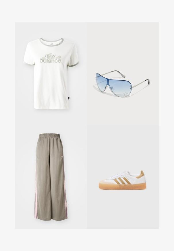 Valge puuvillane T-särk halli äärega, millel on lilleline disain ja helesinine tekst "new balance". Lühikesed varrukad, tavaline lõige.; Heledad oliivrohelised laiad püksid vertikaalsete triipudega, elastse vöökohaga ja roosa külgtriibuga. Funktsiooniks on väike logo puusal.; Valge tennisekets, millel on beežid aktsendid, kolmerealine mustriga, ümar toe ja läbipaistev kummitald. Sile nahk ja tekstiilmaterjalid.; Aviatori prillid, millel on gradient sinine objektiiv, hõbedane metallraam ja dekoratiivsed staaraktsendid objektiivil. Sujuv ja stiilne disain.