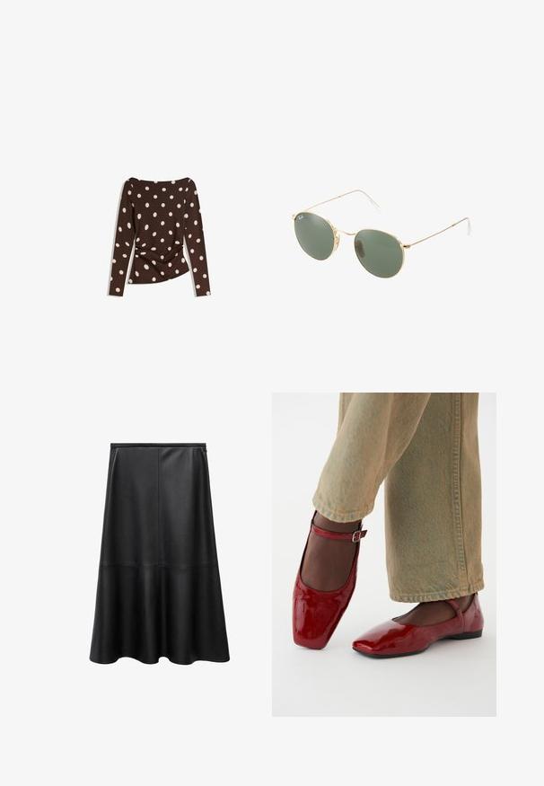 Brown long-sleeve top with a scoop neckline, featuring large white polka dots and gathered detail at the waist for a fitted look.; Black leather skirt, A-line shape, knee-length, smooth texture, seam details, flared hem, and invisible back zipper closure.; Red patent leather shoes with a square toe, low heel, and ankle strap, paired with light green wide-leg jeans. Smooth texture, reflective surface.; Gold metal frame sunglasses with green lenses, round shape, thin temples, and white plastic accents on the tips of the arms.; Brown faux fur handbag with a gathered design and drawstring closure. Soft texture, rounded shape, and minimalistic style.