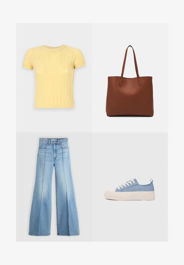 Pulover tricotat galben cu mânecă scurtă, cu un model texturat și guler rotund. Fabricat dintr-un material moale și ușor.; Jeans de culoare bleu deschis, cu talie înaltă și picioare largi, buzunare frontale și din spate, bucle pentru curea și detalii cu cusături verticale pe față.; Sneakers din pânză de culoare albastru deschis, cu vârf și talon din cauciuc crem, având șireturi albe și un maner pe călcâi.; Geantă de umăr din piele maro cu o textură netedă, design cu vârf deschis și două curele pentru umăr. Prezintă cusături minime și fără componente metalice vizibile.