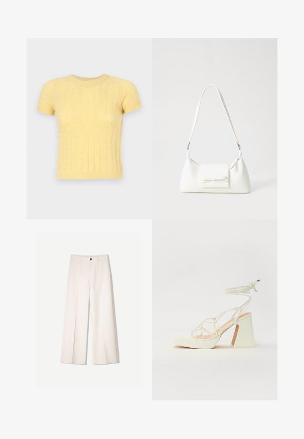 Maglione giallo a maniche corte realizzato in maglia con un motivo testurizzato e colletto rotondo. Realizzato in materiale morbido e leggero.; Pantaloni larghi color crema con design sartoriale, dotati di due tasche frontali e una chiusura con bottone anteriore, realizzati in tessuto liscio.; Sandalo bianco con tacco alto, caratterizzato da un design a cinturini e un legaccio alla caviglia. Texture liscia con una piattaforma frontale per un'altezza aggiuntiva.; Borsa sintetica bianca a forma triangolare, con patta anteriore piatta e dettaglio a fiocco, tracolla regolabile, texture liscia e design minimalista.