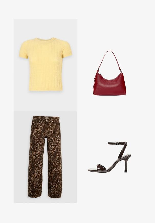 Lyhythihainen keltainen neulepaita, jossa on teksturoitu kuvio ja pyöreä pääntie. Valmistettu pehmeästä ja kevyestä materiaalista.; Leopardikuvioiset leveälahkeiset farkut ruskeassa ja vaaleassa sävyssä. Valmistettu denimistä, klassisella viidellä taskulla ja metallisilla yksityiskohdilla.; Sandaalit korkean koronan ruskeasta mokkanahasta, jossa on nilkkaremmi, avonainen kärki ja tyylikäs, minimalistinen muotoilu. Varusteena neliön muotoinen korko.; Punokas nahkainen olkalaukku, jossa on kaareva muotoilu, sileä pinta ja vetoketjuluukku. Laukussa on ohut kantohihna.