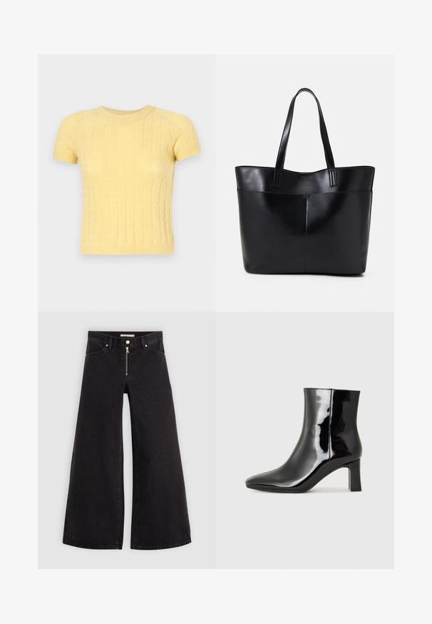 Īsām piedurknēm dzeltena adīta džempera, kas izceļas ar teksturētu rakstu un apaļu kakla izgriezumu. Izgatavots no mīksta, viegla materiāla.; Platas kājas džinsi melnā džinsa audumā ar rāvējslēdzēju priekšā, piecu kabatu dizains un smalkas šuvju detaļas. Gluda tekstūra un ikdienišķs stils.; Melnas patentētas ādas potīšu zābaki ar norādītu pirkstu un vidēja augstuma kvadrātveida papēdi. Gluda tekstūra un minimālisma dizains.; Melnas ādas iepirkumu soma ar divām garām rokturām, gludu tekstūru un strukturētu formu. Iekļauj priekšējo kabatu papildu uzglabāšanai.