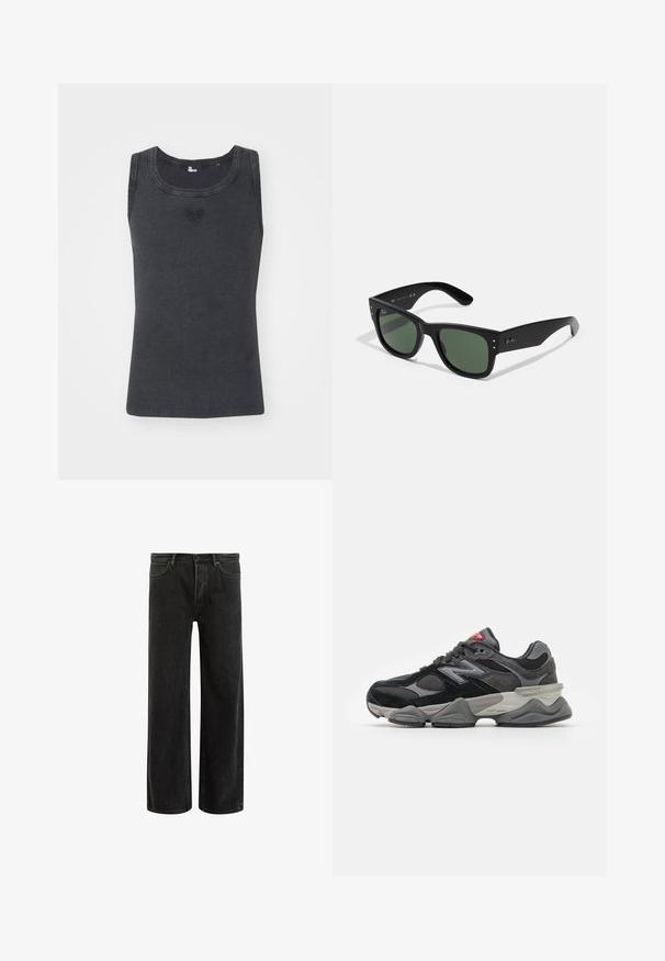 The Kooples DEBARDEUR - Top - black washed; Black denim wide-leg jeans with a high waist, featuring classic five-pocket design, and subtle fading for a textured appearance.; Black and gray sneaker with a mix of suede and mesh materials, thick sole, prominent logo, and red accent on the tongue.; Black rectangular sunglasses with green lenses, matte finish, subtle hardware accents, and embossed logo on the temple.