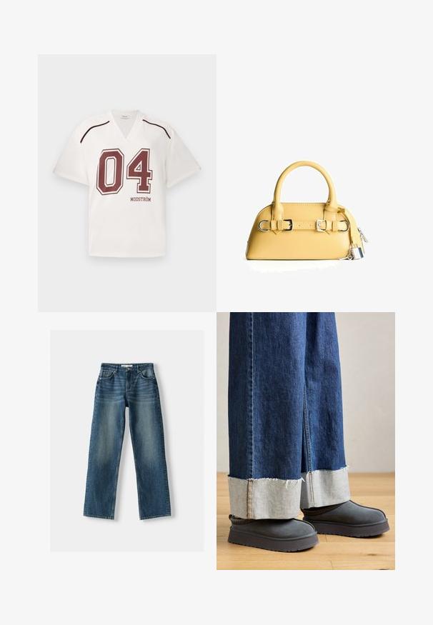 White short-sleeve V-neck jersey featuring maroon graphics, including the number "04" and brand "MODSTRÖM," with contrasting trim details.; Blue denim jeans featuring a straight leg design, button closure, five pockets, and faded areas. Material appears sturdy with a textured finish.; Wide-legged denim jeans with frayed hem, featuring a contrasting light denim cuff. Paired with gray suede boots with a thick sole.; Yellow leather handbag with a structured design, featuring two handles, buckle accents, silver hardware, and a small padlock charm.