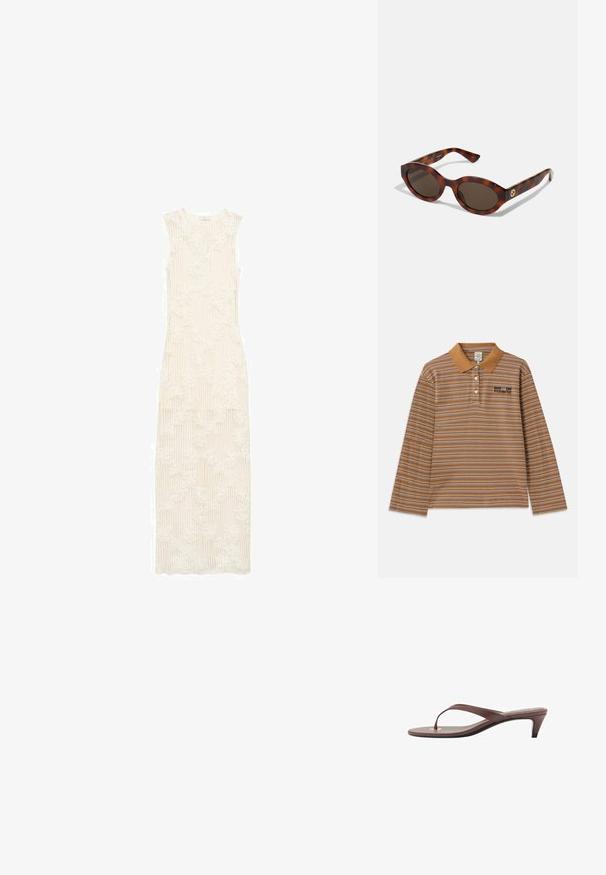 Braunes Langarm-Polohemd mit horizontalen Streifen in Weiß und Lila, einem Kragen und einem gestickten Logo auf der Brust.; Langes, cremiges weißes Kleid mit gerippter Textur und floralem Spitzenmuster. Ärmelloses Design, bodenlange Länge, taillierte Passform und runder Halsausschnitt.; Braune, mit Absatz versehene Flip-Flop-Sandale mit einem schmalen Riemen und abgerundetem Zehensteg, der ein kleines goldfarbenes Akzent auf dem Fußbett aufweist.; Schildpatt-Sonnenbrillen mit runden Rahmen, dunklen Gläsern und goldfarbener Logodetailierung an den Schläfen. Glattes Kunststoffmaterial, keine sichtbaren Muster.; Braune Wildleder-Hobo-Tasche mit einer lässigen Form, ausgestattet mit einem geschwungenen Oberhandgriff und dreieckigen Paneeldetails auf der Vorder- und Rückseite.