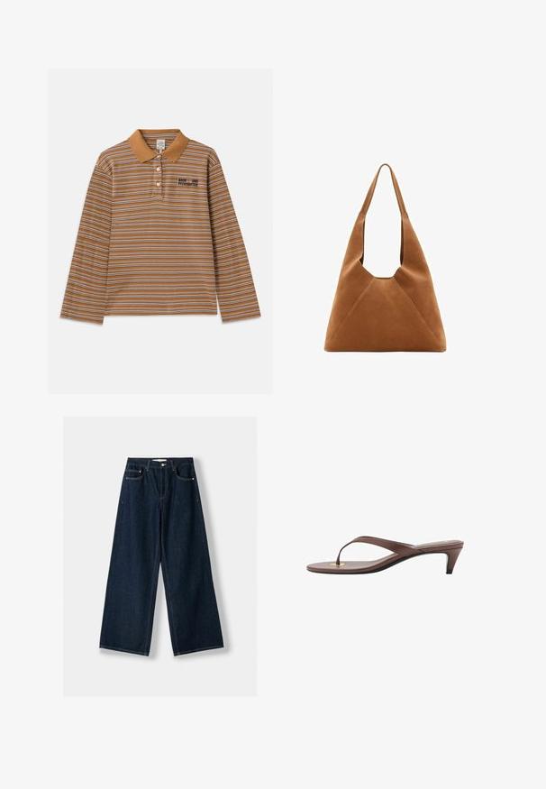 Bruine langlopende polo met lange mouwen, voorzien van horizontale strepen in wit en paars, een kraag en een geborduurd logo op de borst.; Donkerblauwe, wijde spijkerbroek van denim. Beschikt over vijf zakken, een knoop- en ritssluiting, en contrasterende stiksels.; Bruine hakken flip-flop sandaal met een slanke band en ronde teenpost, met een kleine gouden accent op de voetbed.; Bruine suède hobo tas met een slouchy vorm, voorzien van een gebogen handvat en driehoekige paneeldetails aan de voor- en achterkant.
