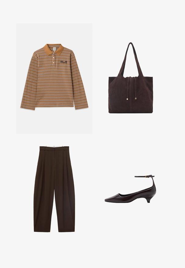 Brązowa koszula polo z długim rękawem, zdobiona poziomymi paskami w kolorze białym i fioletowym, z kołnierzykiem oraz haftowanym logo na piersi.; Brązowe spodnie z wysokim stanem z zakładkami, wykonane z gładkiego materiału. Luźny krój, prosta nogawka, z różkami na pasek i suwakiem.; Ciemnobrązowy lakierowany but na małym obcasie w kształcie stożka z cienkim paskiem wokół kostki i małą złotą klamrą.; Mango - Torba na zakupy