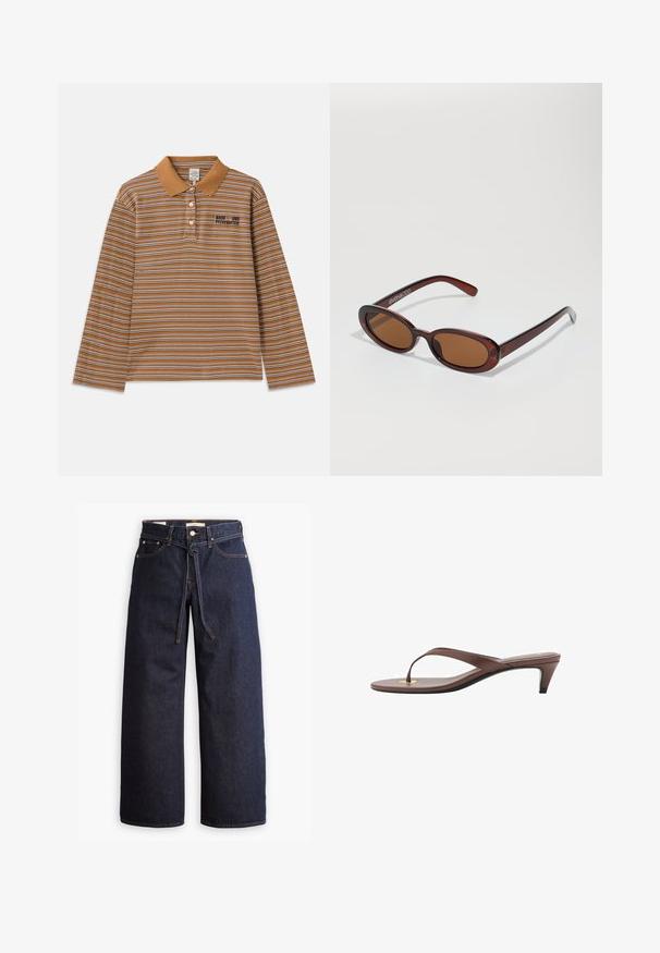 Bruine langlopende polo met lange mouwen, voorzien van horizontale strepen in wit en paars, een kraag en een geborduurd logo op de borst.; Wijd pijpjes donkerblauwe denim jeans met een hoge taille, voorzien van een trekkoord, vijf zakken en contrasterende stiksels.; Bruine hakken flip-flop sandaal met een slanke band en ronde teenpost, met een kleine gouden accent op de voetbed.; Ronde, bruin getinte zonnebril met een glanzend bordeauxrood frame. Slanke pootjes met subtiele merkdetails. Vlakke lensontwerp.; Bruine suède hobo tas met een slouchy vorm, voorzien van een gebogen handvat en driehoekige paneeldetails aan de voor- en achterkant.