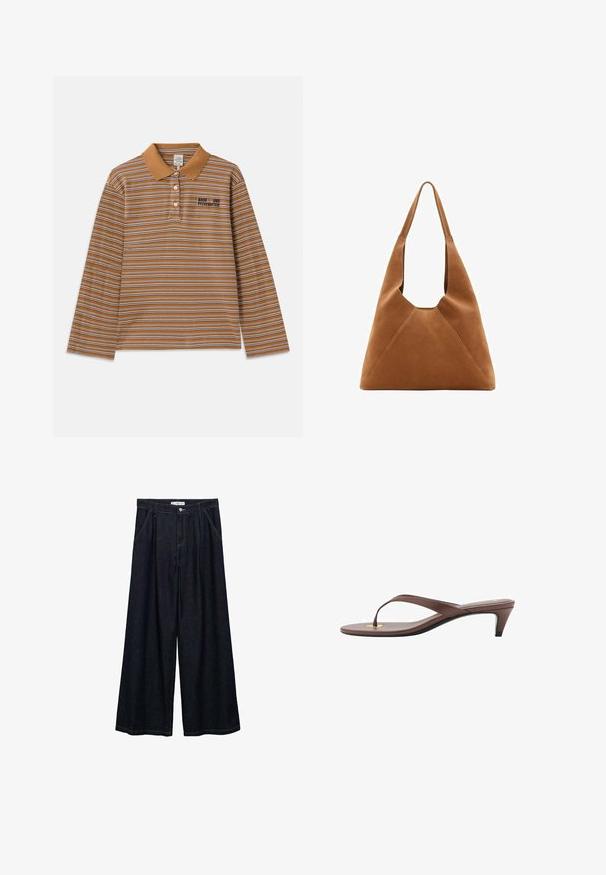 Tricou polo cu mâneci lungi de culoare marron, cu dungi orizontale albe și purpurii, guler și un logo brodat pe piept.; Pantaloni largi din denim închis, cu talie înaltă, având un închidere cu nasture frontal, două buzunare laterale și detalii de cusătură.; Sandaș cu toc înalt, de culoare maro, cu o curea subțire și vârf rotunjit, având un mic accent auriu pe talpa interioară.; Geantă hobo din suede maro, cu o formă lejeră, având un mâner curbat și detalii în formă de panou triunghiular pe partea din față și spate.
