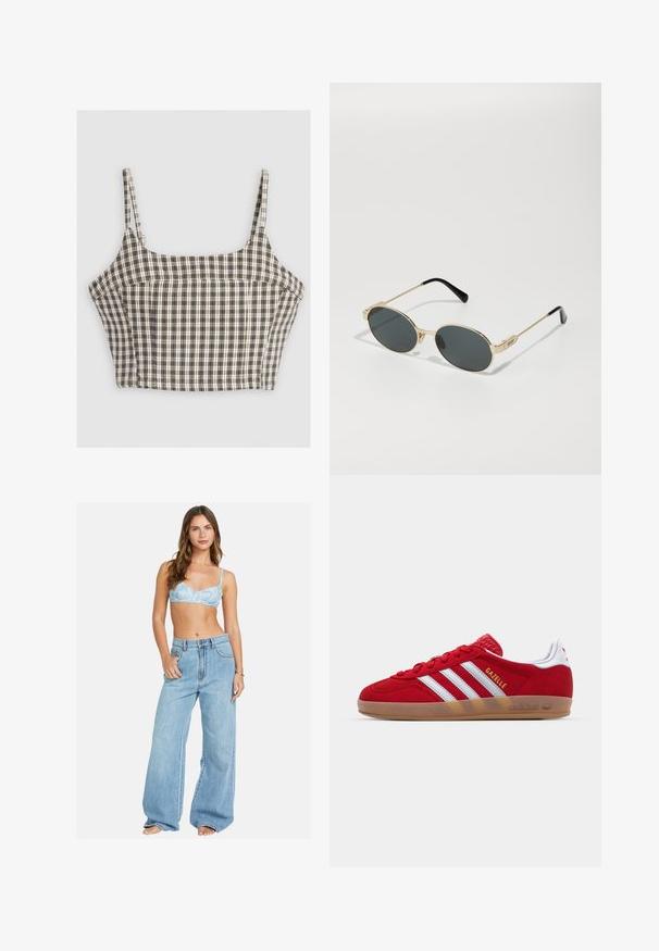 Top curto com padrão xadrez em tons de castanho, branco e preto. Apresenta alças finas e costuras estruturadas. Material em mistura de algodão.; Camisa branca de manga longa abotoada, feita de algodão, com colarinho clássico, logótipo subtil no peito e botões amarelos.; Bralette com padrão floral em azul claro, combinado com jeans de cintura alta e pernas largas em denim azul claro. Ajuste confortável com uma silhueta descontraída e fecho de botão clássico.; Sapatilha de camurça vermelha com design de três riscas brancas e texto "Gazelle" em dourado. Apresenta uma sola de borracha e um calcanhar texturizado.; Óculos de sol de metal dourado com lentes ovais e lentes escuras. Pontas em acetato preto nas hastes. Nome da marca "QUAY" na lateral.