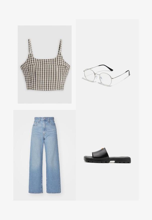 Trumpetas, išmargintos languotais raštais, su rudų, baltų ir juodų atspalvių deriniu. Turi plonas petnešėles ir structūrizuotus siūlus. Pagaminta iš medvilnės mišinio.; Šviesiai mėlynos aukšto liemens plačios kojos džinsai su priekiniais užtrauktukais ir sagom, priekinėmis ir galinėmis kišenėmis, ant baltos fono.; Juodi mulesai su lygiu, matinio odos viršumi ir storu, tekstūruotu guminiu padu. Išskirtinis aukso akcentas viršuje. Paprastas, atviras dizainas.; Apvalūs metaliniai akinių rėmeliai su plonu sidabriniu rėmu, skaidriais lęšiais ir juodomis šakutėmis, turinčiomis guminį antgalius patogumui. Minimalistinis dizainas.