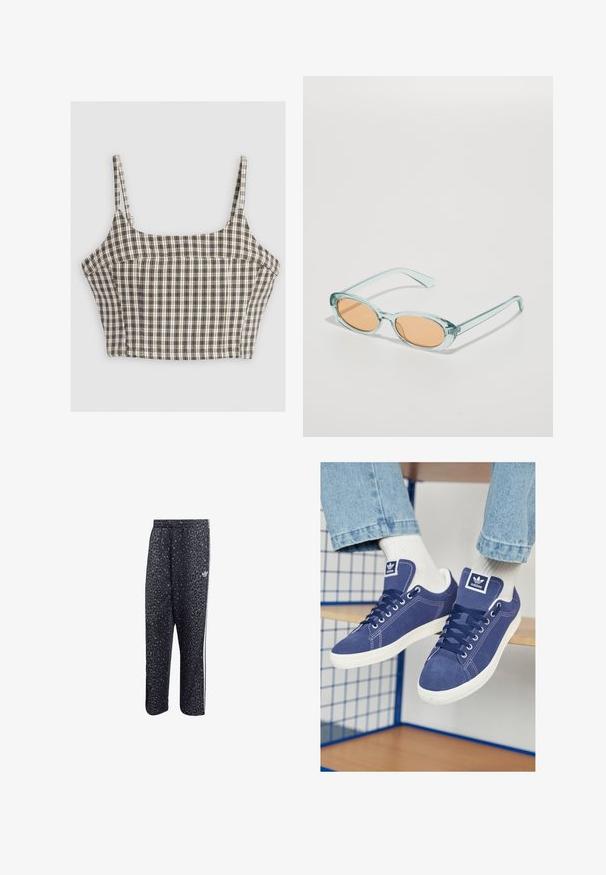 Kratka majica u kariranom uzorku s nijansama smeđe, bijele i crne boje. Ima tanke naramenice i strukturirane šavne. Materijal od mješavine pamuka.; Crne sportske hlače s uzorkom leopard tiska, s bijelim dizajnom u tri pruga i logotipom sportske marke sa strane.; Tamno plavi Adidas tenisice od antilopa, s bijelim gumenim đonovima, okruglim vrhovima i logom na jeziku. Svijetlosive čarape su vidljive.; Svijetloplave sunčane naočale s ovalnim okvirom i narančastim staklima. Prozirnjekoške imaju glatke rubove i blagi zakret.