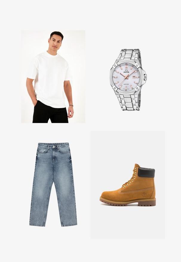 Witte ronde nek t-shirt van lichtgewicht katoen. Korte mouwen, losse pasvorm en vlakke naden. Gdragen met zwarte broek, handen in de zakken.; Lichtblauwe denim jeans met een rechte pijp, zichtbare stiksels, vijf zakken en een knoopsluiting in de taille.; Tan suède enkelboot met zwart gevoerd kraagje, gouden metalen oogjes, witte stikdetails en een robuuste rubberen zool met uitgesproken profiel.; Zilveren roestvrijstalen horloge met een gestructureerde witte wijzerplaat, rosegouden accenten, datumaanduiding en een schakelsband. Saffierglazen dekking.